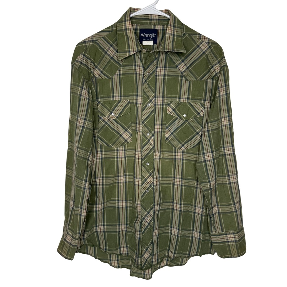 Wrangler Western Shirt Mens 16x34 Green Plaid Pearl Snap Long Sleeve 71125CP
